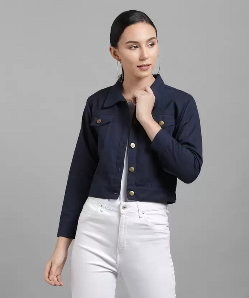 Women Solid Light Weight Casual Short Jacket (Color Nevy Blue) (Size