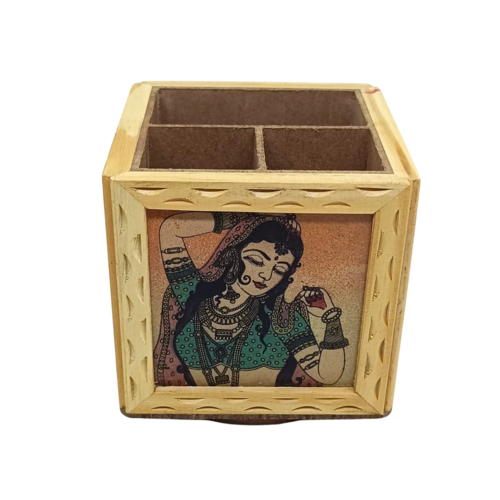 Handmade Wooden Square Revolving Pen Stand 3 Compartments Gemstone
