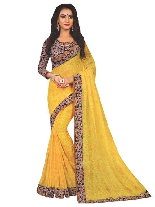 Designer Printed Saree With Blouse Yellow Color