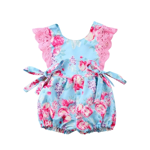 Lace Cotton Blue Sleeveless Flower Sunsuit