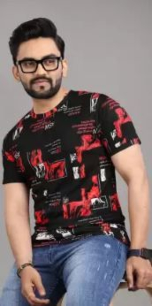 Men Printed Round Neck Polyester Red T-Shirt M