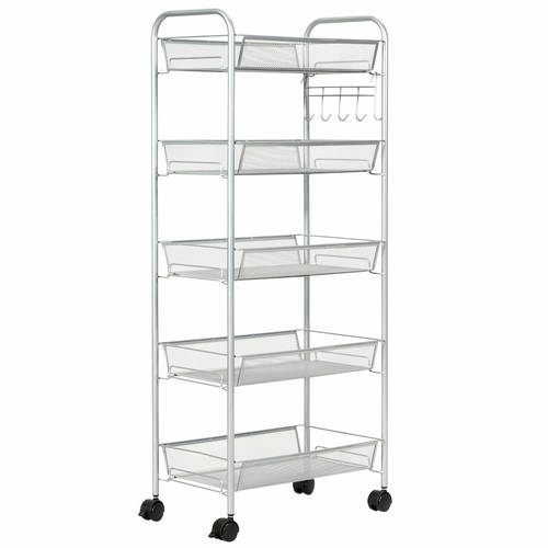 5-Tier Rolling Trolley Metal Shelving Storage Organiser Cart