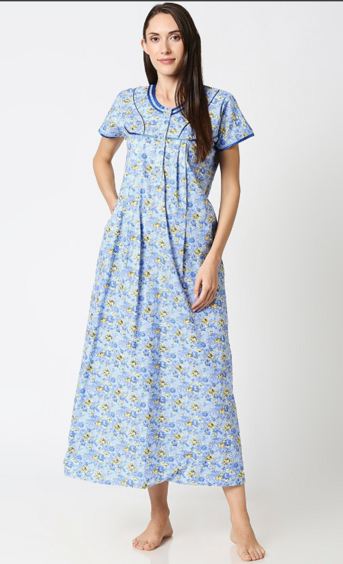 Women Printed Maternity Nightdress Blue & White(Size M)