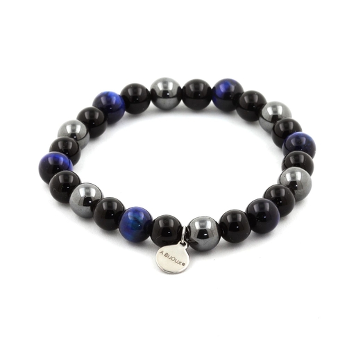 Blue Tiger's Eye + Hematite + Black Agate Bracelet 8 mm Beads.