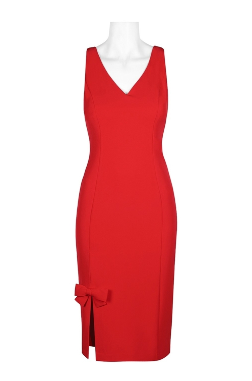 London Times V-Neck Sleeveless Bodycon Slit Side Bow Detail Zipper