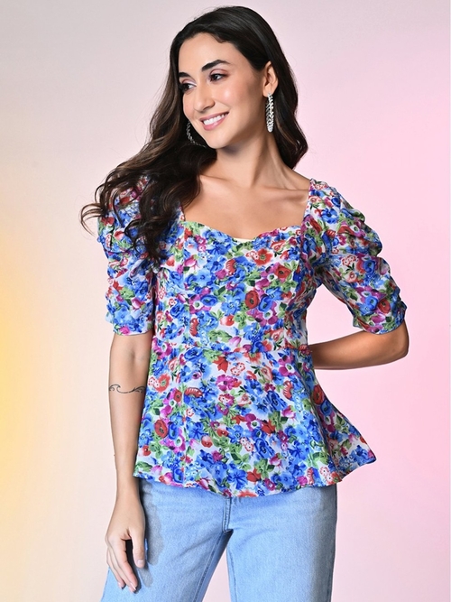 Women Floral Printed Puff Sleeves Peplum Style Top (Color Multicolor)