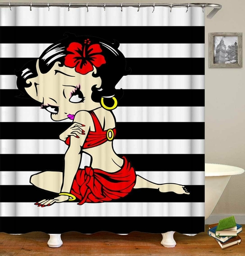 Sexy Betty Boop Over Black And White Stripes Shower Curtain