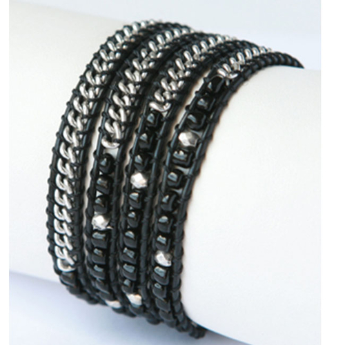 Zirconmania 610B-8695BLK Silver and Leather Black Beaded Wrap Bracelet