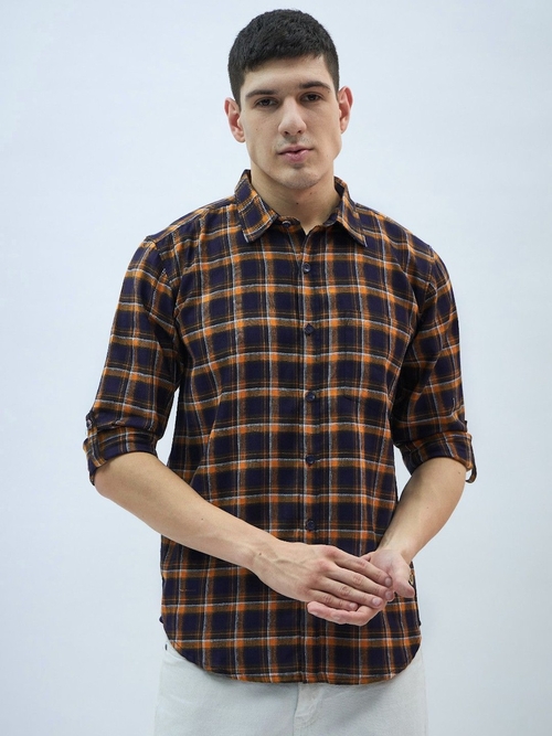 Men's Cotton Checkered Casual Shirt (Color Mustard & Navy) (Size XL)