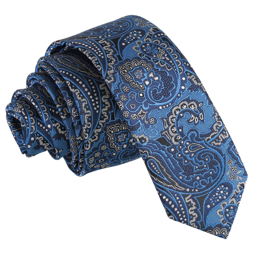 Royal Paisley Skinny Tie - Blue & Silver