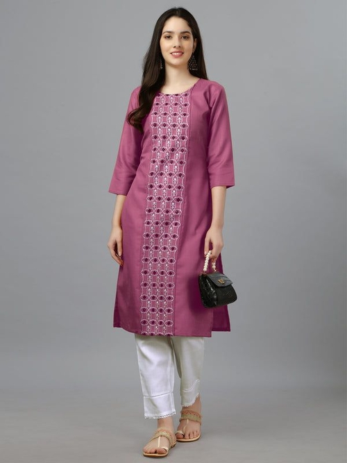 Women Embroidered Cotton Blend Casual Straight Kurti  (Size-40)