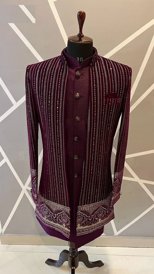 Wine Shrug styled hand embroidered silk indo-western sherwani with