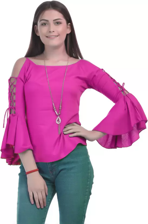 Casual Cold Shoulder Bell Sleeves Solid Women Top (Size-M) PINK)