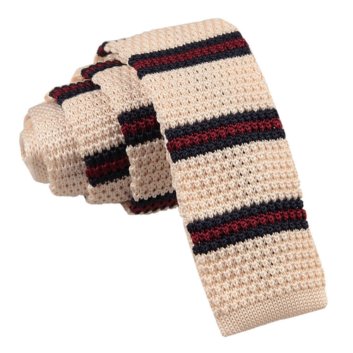 Knitted 3 Thin Stripe Skinny Tie - Knitted Cream with Burgundy & Navy