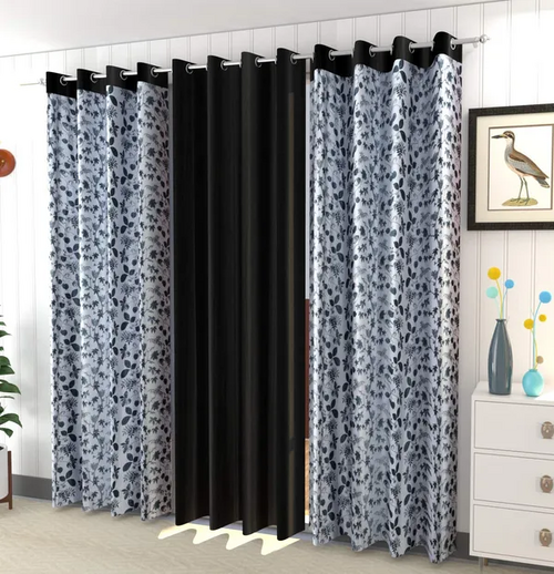 Black 3-Piece Polyester Blend Grommet Long Door Curtains Set