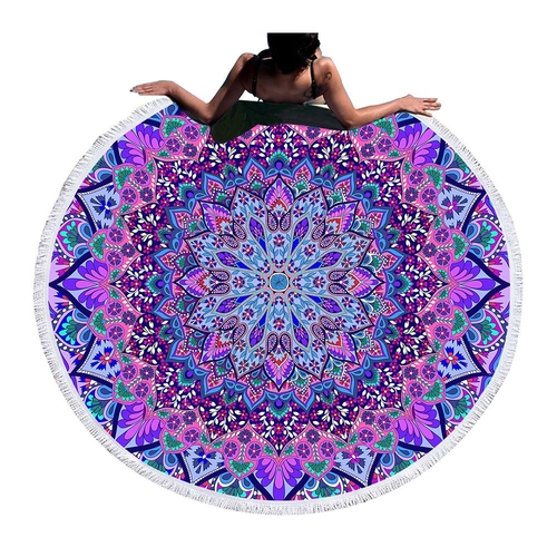 Bohemian Round Beach Towel Blue and Purple Tassel