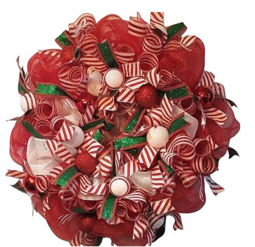 Peppermint and Christmas Balls Deco Mesh Wreath