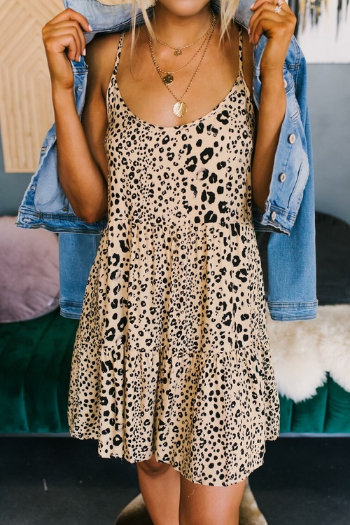 Apricot Tiered Leopard Babydoll Dress