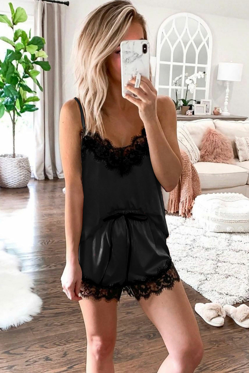 Black Lace Satin Sleepwear Cami Top and Shorts Pajama Set