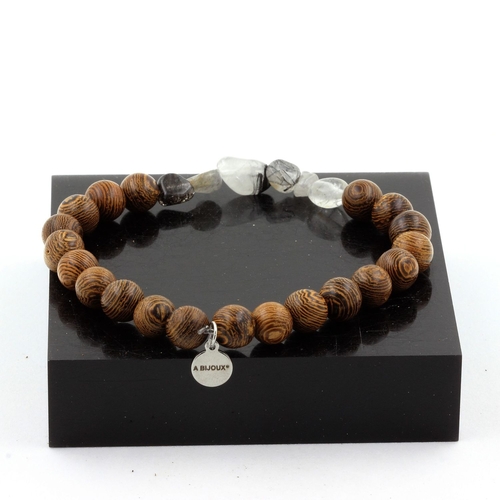 Quartz with Tourmaline inclusions + wood Bracelet 8 mm Beads.