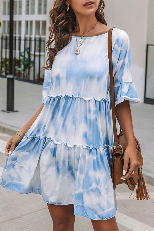 White Crew Neck Tie Dye Half Sleeve Dress