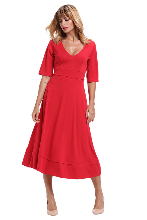 Red Half Sleeve V Neck High Waist Flared Dress