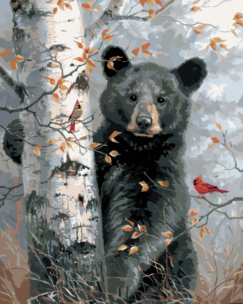 Paint by Numbers - BEAR CUB, CARDINAL BIRD AND BIRCH TREE IN AUTUMN