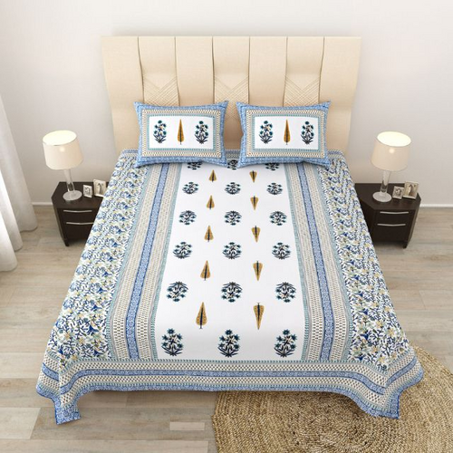 Serene Symmetry Blue Block Double Bedsheet with Two Pillow Covers
