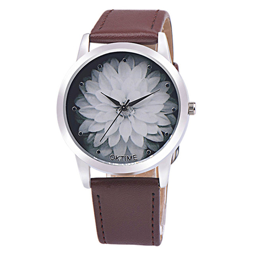 Feminino Fashion Flower Leather Analog Quartz