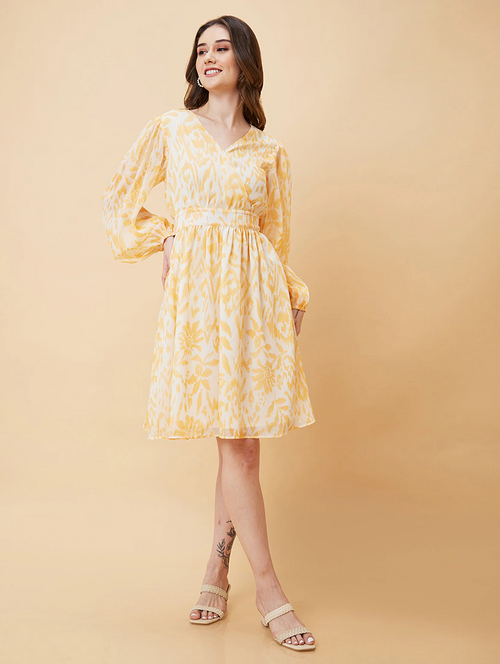 Off White Polyester Fit & Flare Dress (Size-L) (Color-MUSTARD)