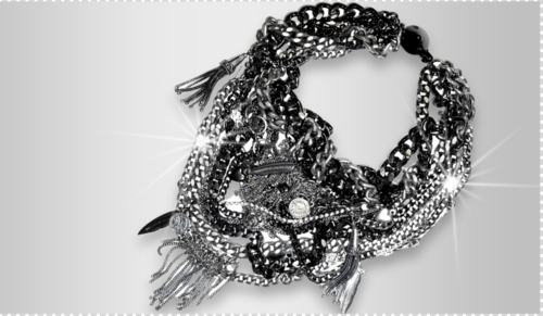 Bib necklace with gunmetal and silver studded chains, Swarovski