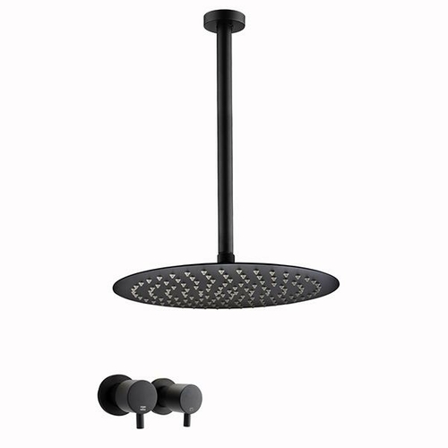 12 Inch Black Rainfall Shower Head With Ceiling Arm Wall Hot Cold Taps