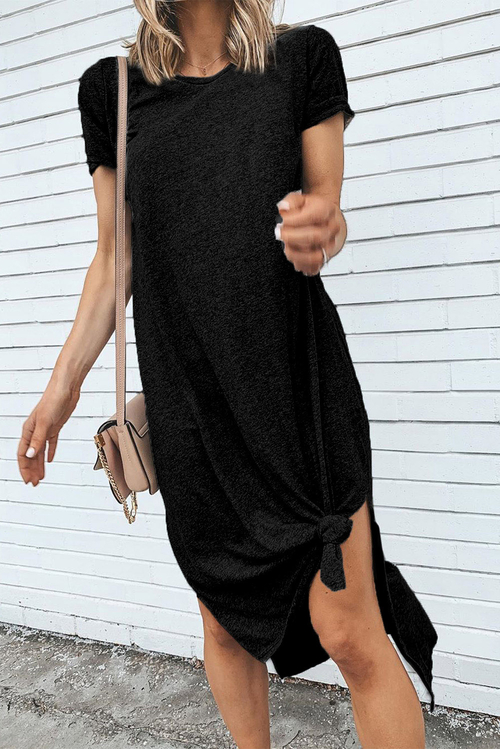 Black Casual Short Sleeve T-shirt Midi Dress with High Splits