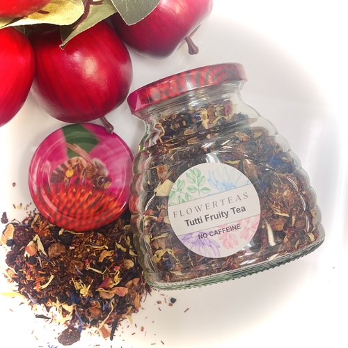 Tutti Fruity Herbal Loose Leaf Tea No Caffeine 3 oz Honeycomb Glass
