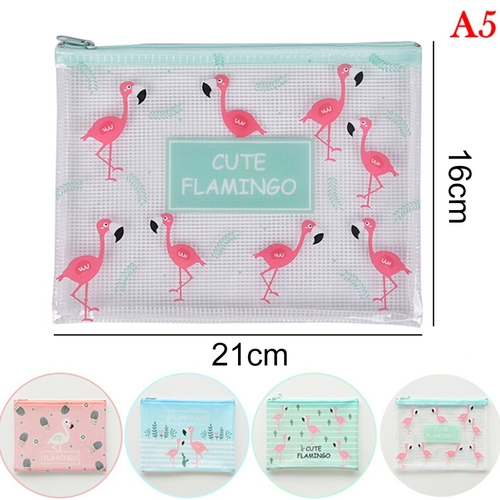 Flamingo Bird Green Cactus A4 File Bag Mesh Bag