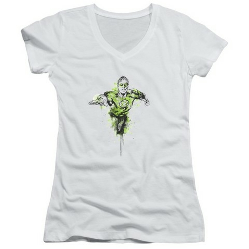 Trevco Green Lantern-Inked Junior V-Neck Tee, White - Medium