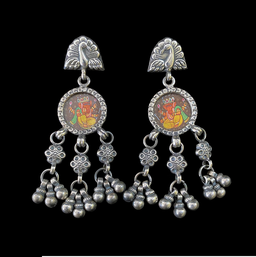 Silver Peacock Studs with Hand Painted Ganesh Jee