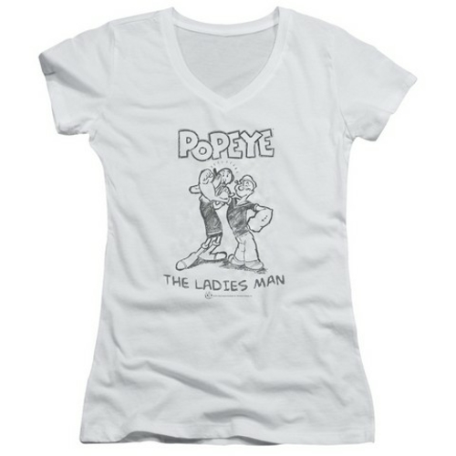 Trevco Popeye-Ladies Man Junior V-Neck Tee, White - Medium