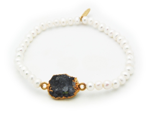 Fronay 212148G Grey Druzy Mini Fresh Water Pearls Elastic Bracelet in 