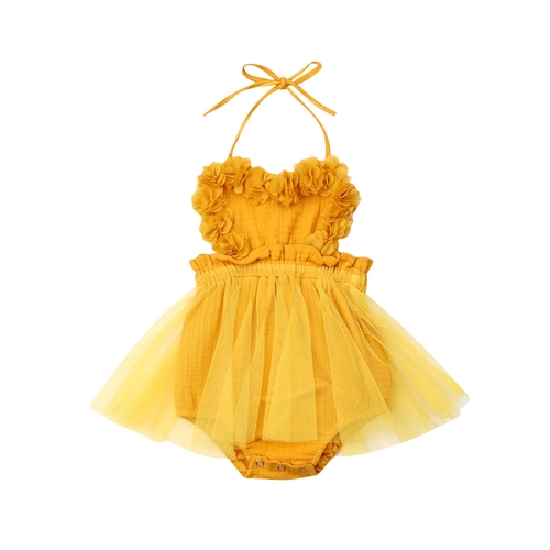 Newborn Baby Girl Tulle Romper Dress Yellow Solid