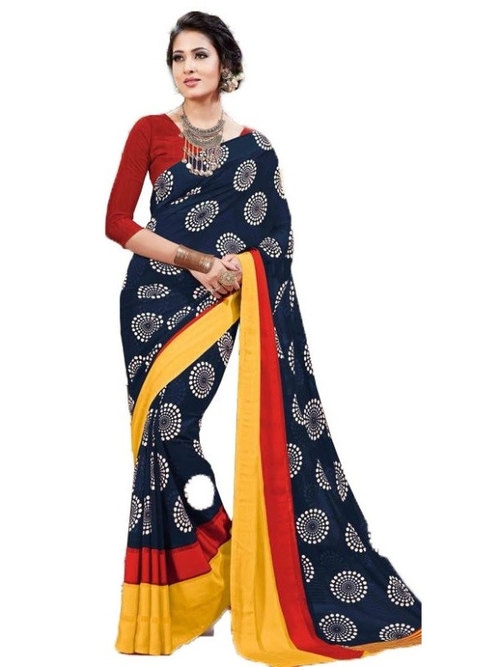 Georgette Digital Saree With Blouse-Navy Blue 