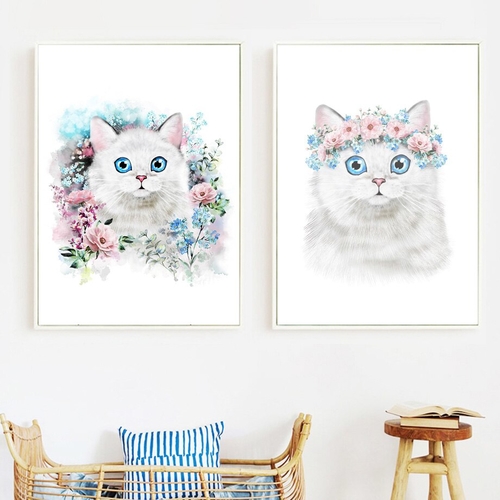 Cartoon Flowers Cat Wall Art Canvas Painting