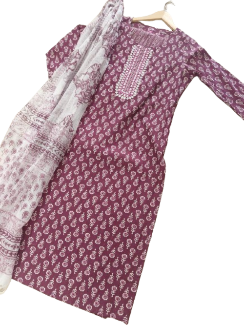 Women Pure Cotton Kurta Pant Dupatta Set Size L Color Pink