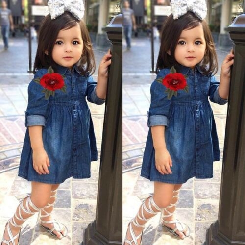 USStock Autumn Kids Baby Girl Clothes Denim Flower