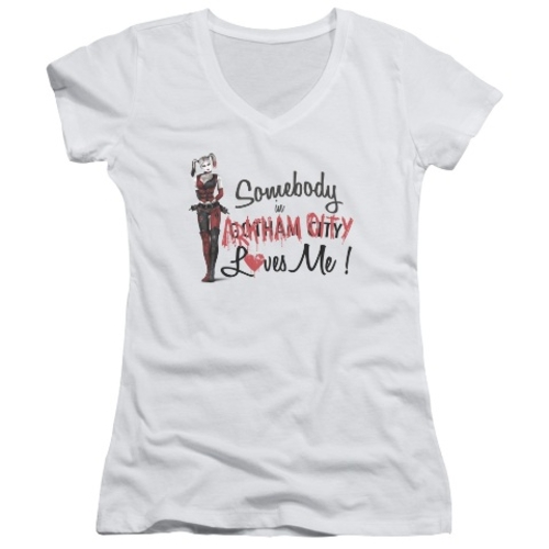 Trevco Arkham City-Somebody Loves Me - Junior V-Neck Tee - White- Extr
