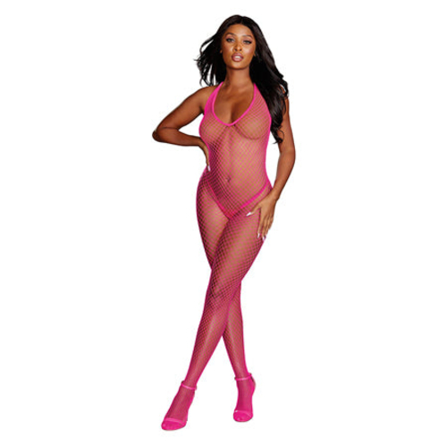 Dreamgirl Diamond-Net Halter Bodystocking With Open Crotch Neon Pink