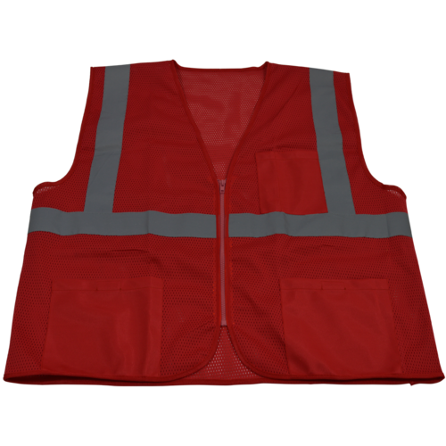 RVM-S1-4X-5X 2 in. Red Mesh Vest Reflective Tape 3 Pockets Zipper Fron