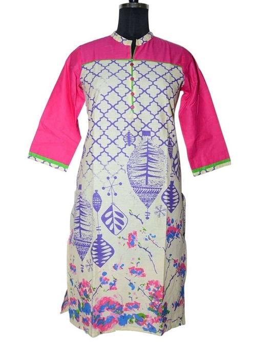 Pink Cotton Printed Kurti