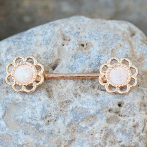 Rose Gold Synthetic Opal Flower Nipple Bar