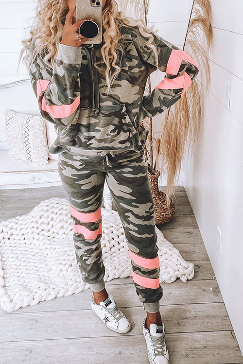 Green Camo Print Color Block Pullover Lounge Set